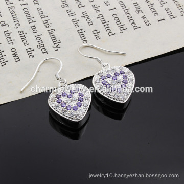 Popular Women Style Plating silver Earring Purple Crystal Heart Shape Charming Earring DS010